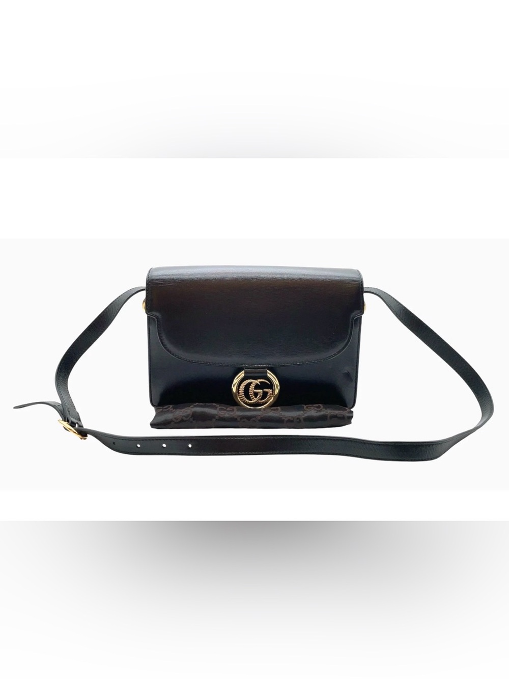 Auth Gucci Vintage Black Leather GG  Ring 589474 Shoulder Bag WDustbag
